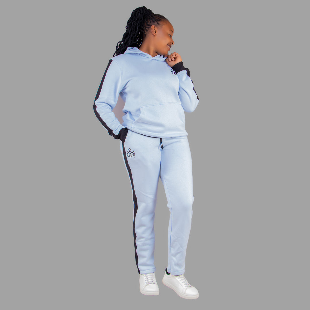 Sky Blue Hoodie Set with Black Stripes