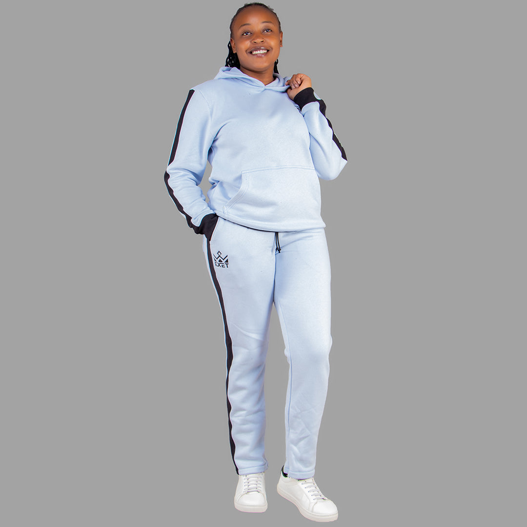 Sky Blue Hoodie Set with Black Stripes