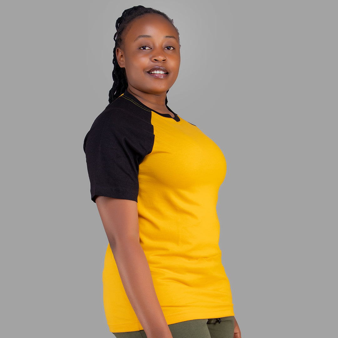 Women's Mustard Yellow T-Shirt with Black Raglan Sleeves