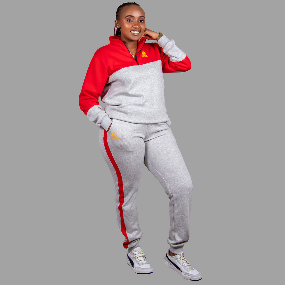 Women's Zip-Up Sweatshirt Set (Light Grey/Red)