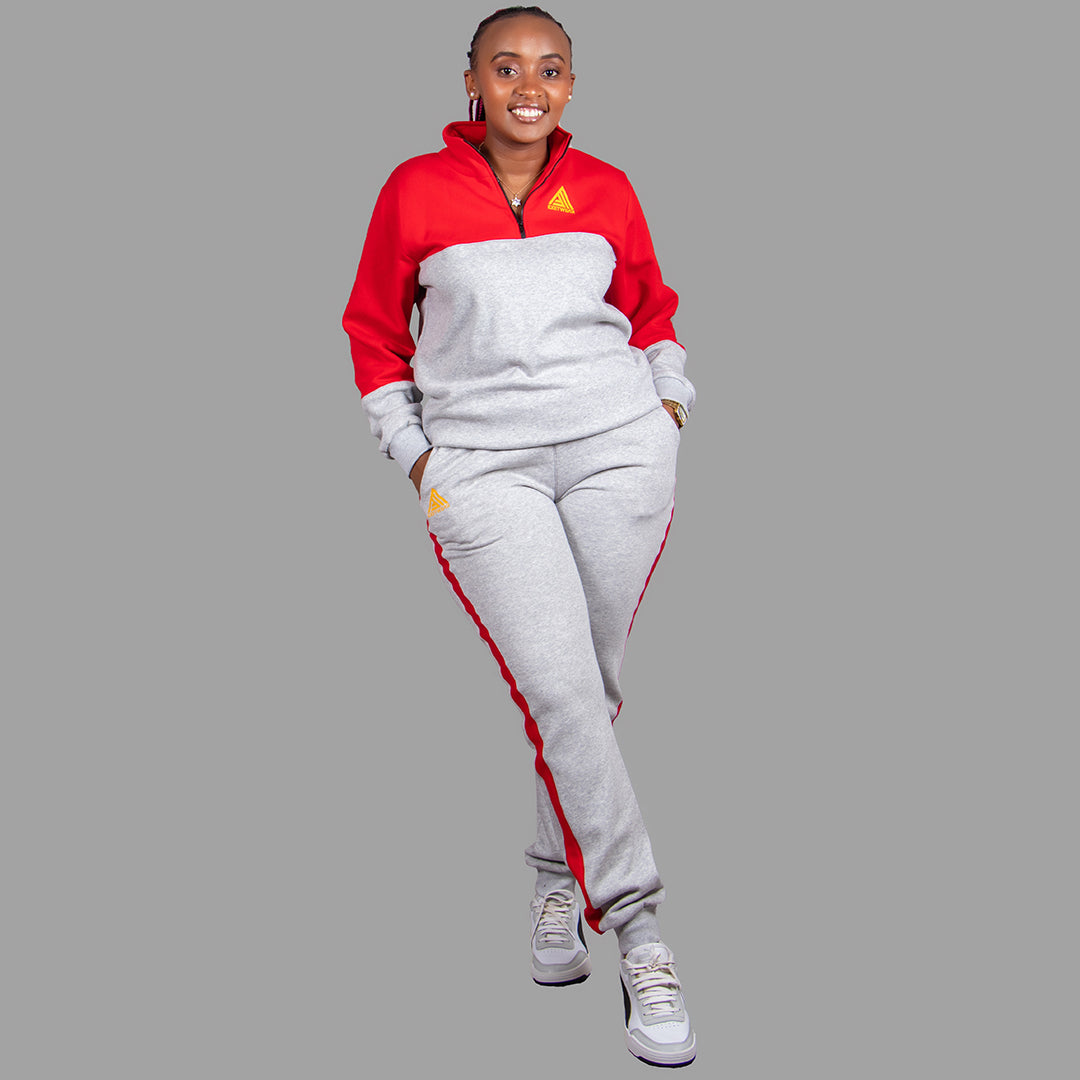 Women's Zip-Up Sweatshirt Set (Light Grey/Red)