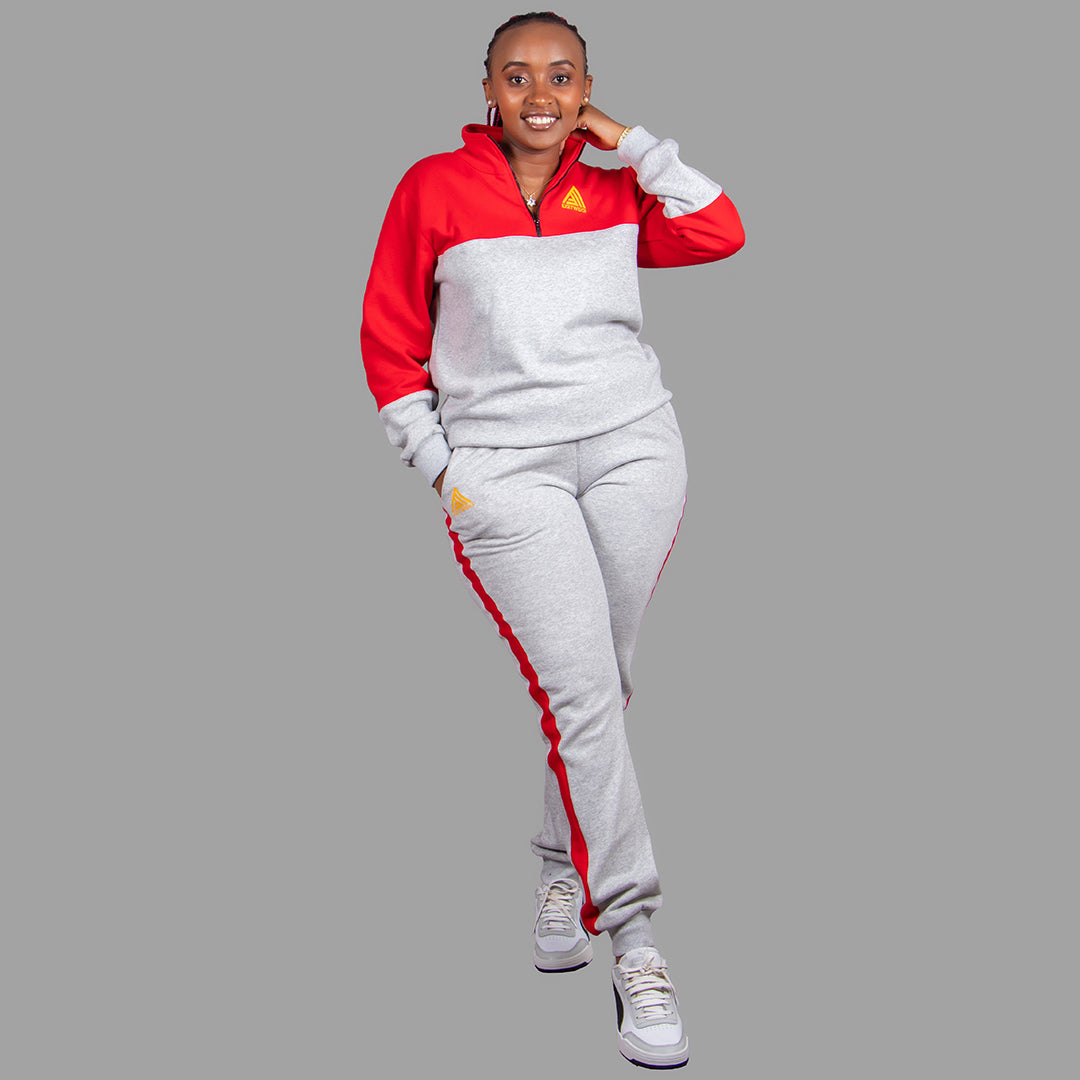 Women's Zip-Up Sweatshirt Set (Light Grey/Red)