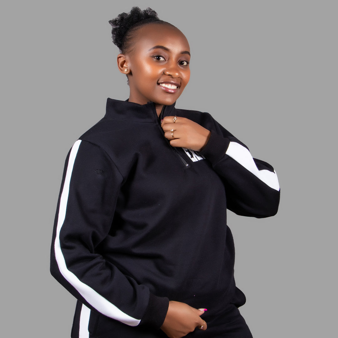 Women's Half Zipper Sweatshirt Set in Black with White Stripes