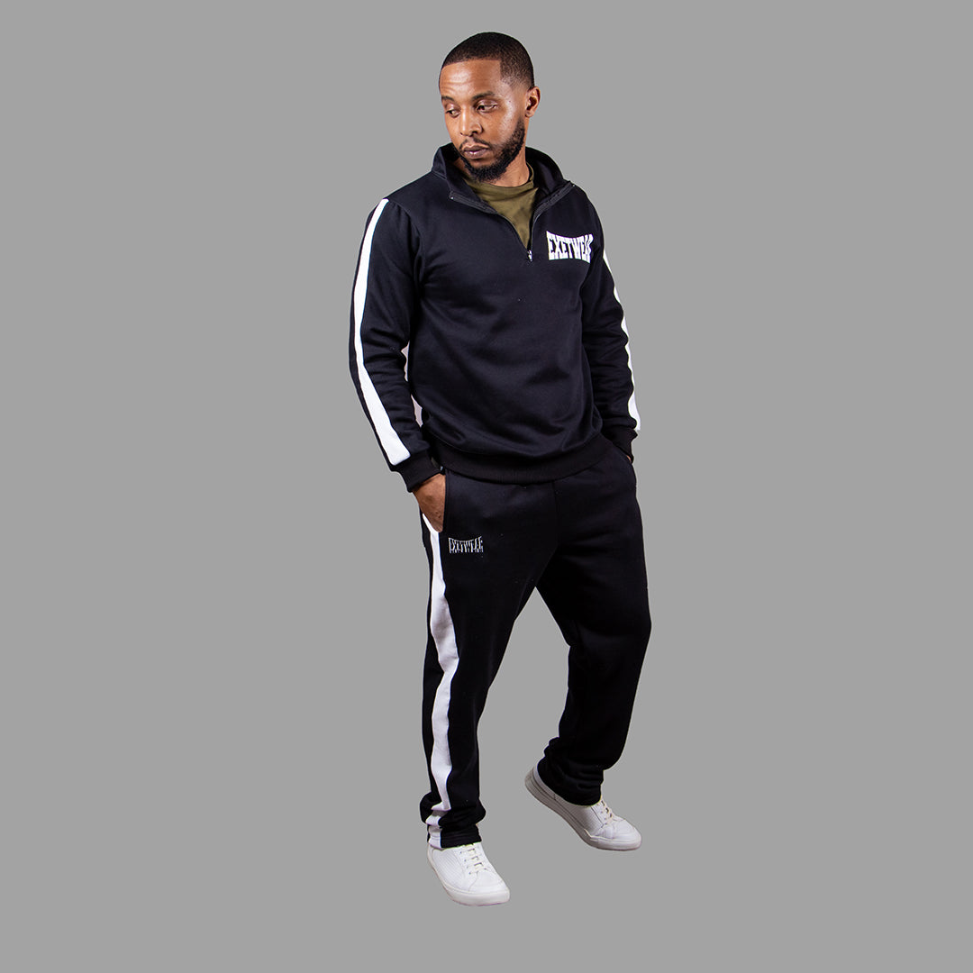 Men's Half Zipper Sweatshirt Set in Black with White Stripes