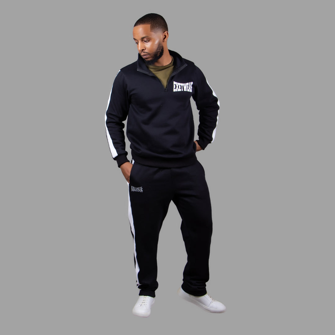 Men's Half Zipper Sweatshirt Set in Black with White Stripes