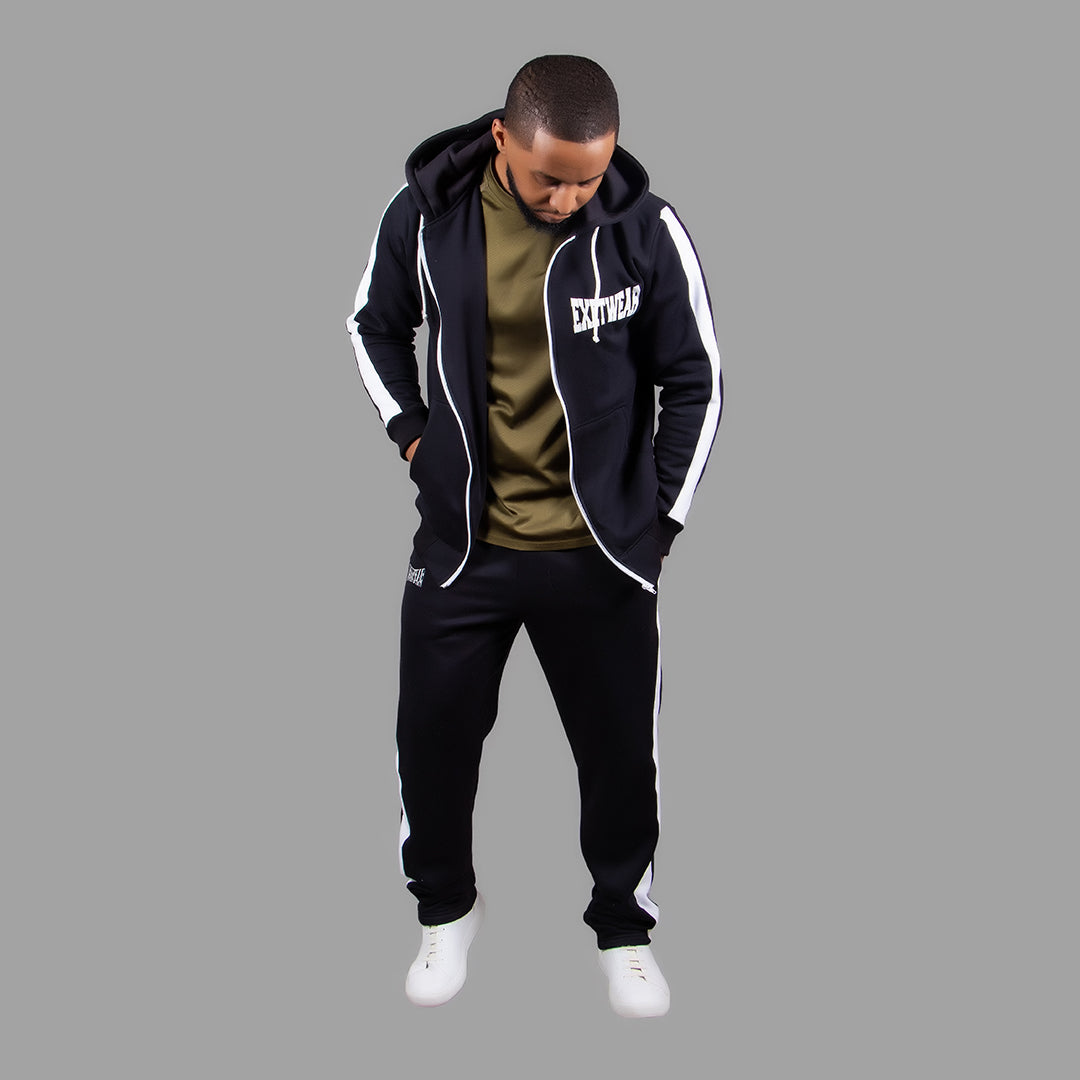 Men's Zipper Hoodie Set in Black with White Stripes