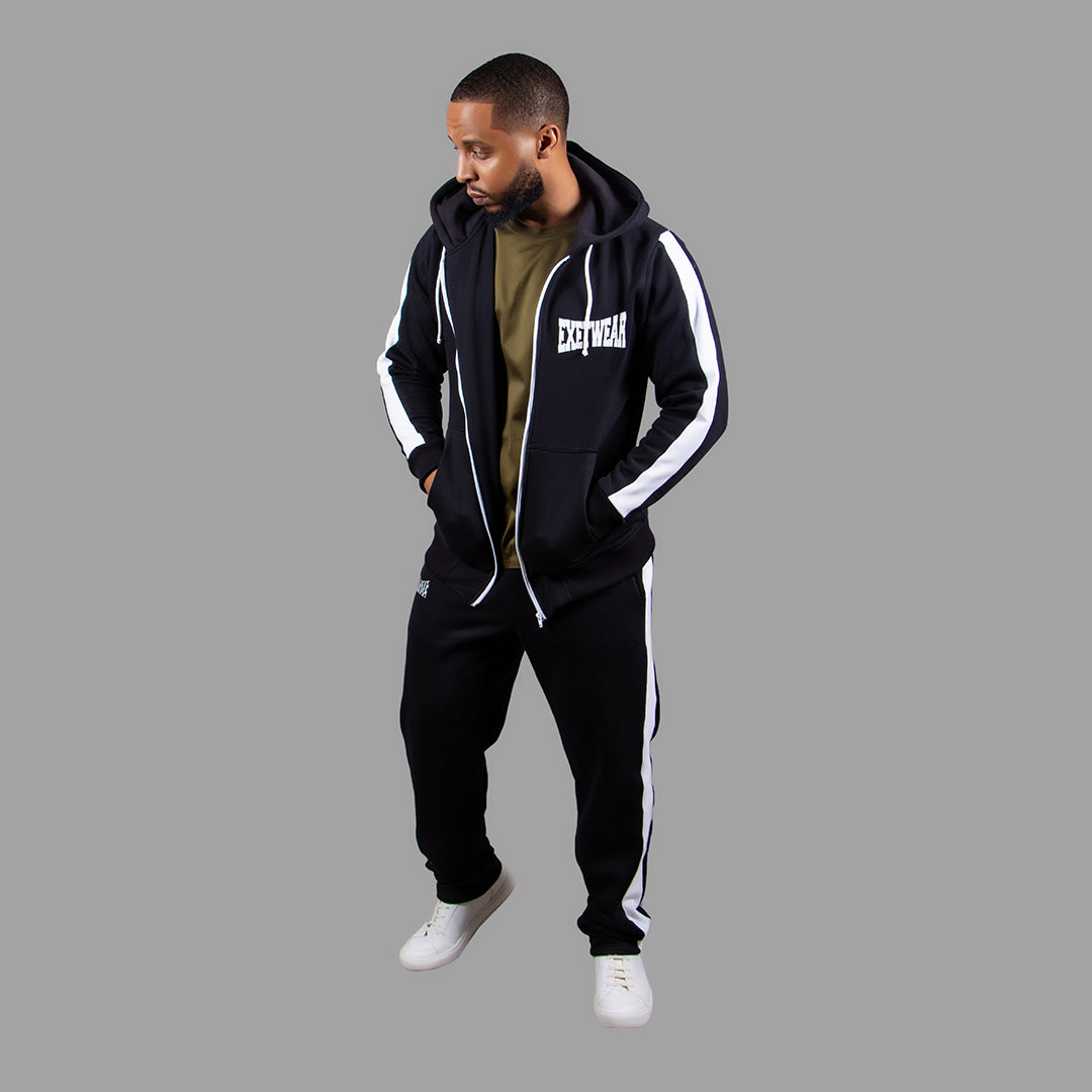 Men's Zipper Hoodie Set in Black with White Stripes