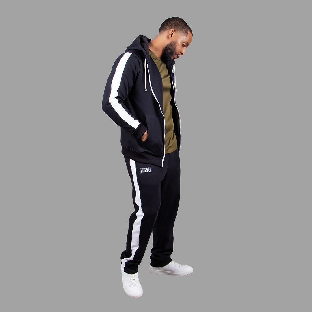 Men's Zipper Hoodie Set in Black with White Stripes