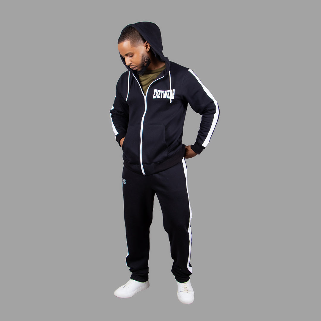 Men's Zipper Hoodie Set in Black with White Stripes