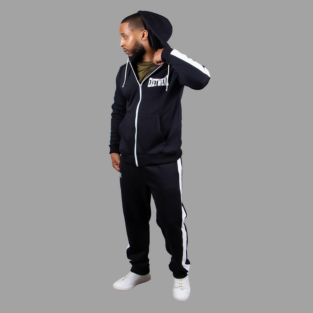 Men's Zipper Hoodie Set in Black with White Stripes