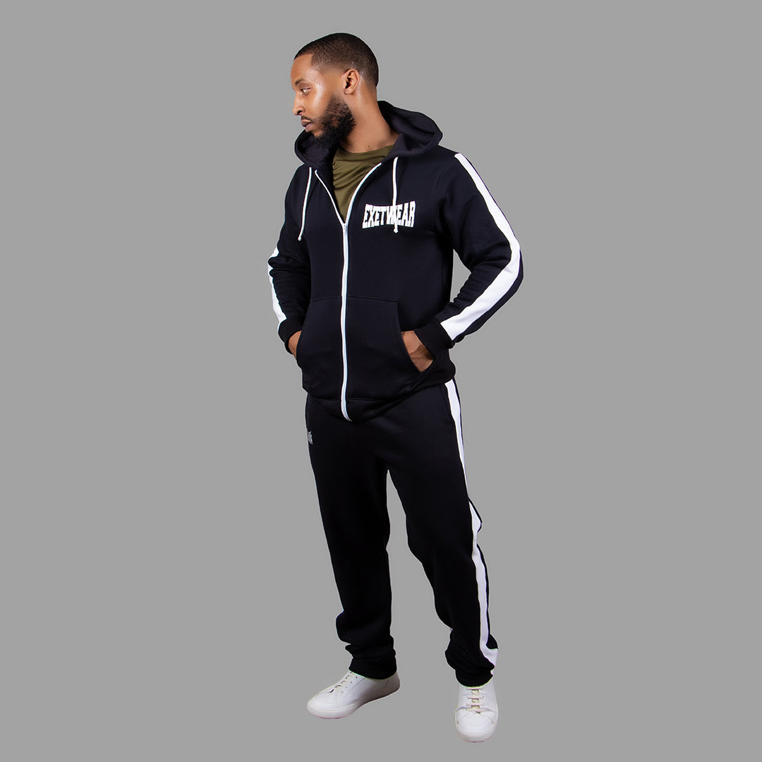 Men's Zipper Hoodie Set in Black with White Stripes