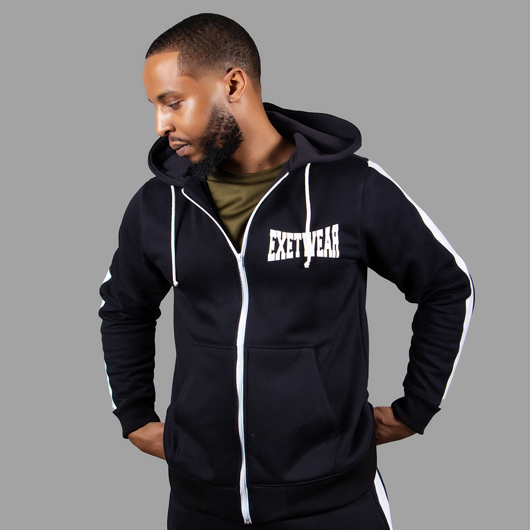 Exetwear Men's Zipper Hoodie in Black with White Stripes