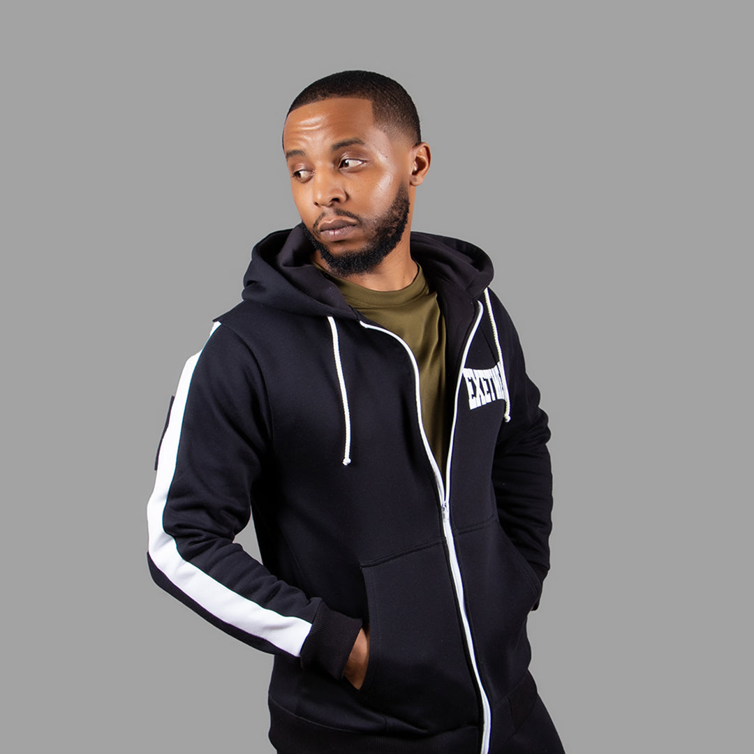 Exetwear Men's Zipper Hoodie in Black with White Stripes