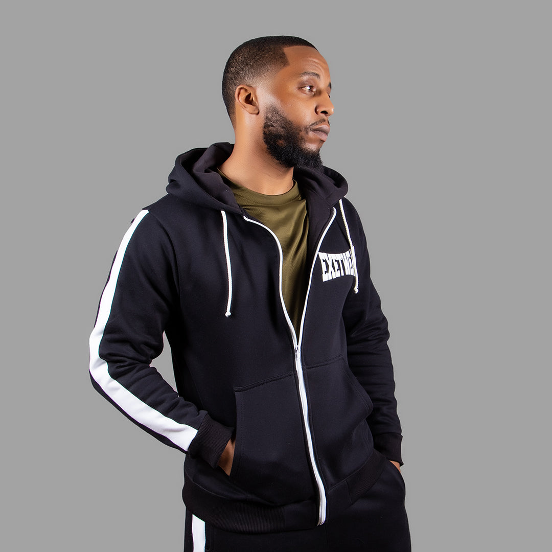 Exetwear Men's Zipper Hoodie in Black with White Stripes