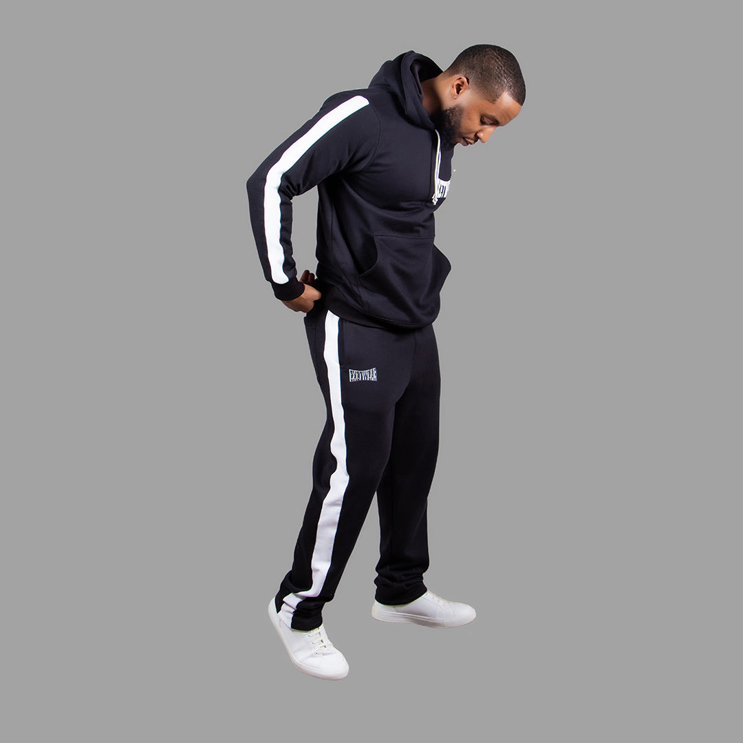 Men Hoodie Set in Black with White Stripes