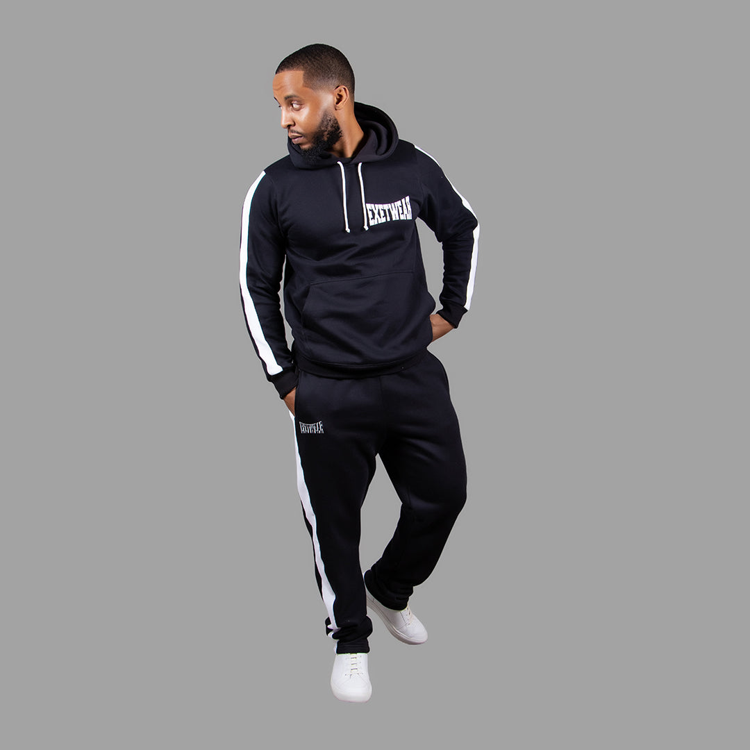 Men Hoodie Set in Black with White Stripes