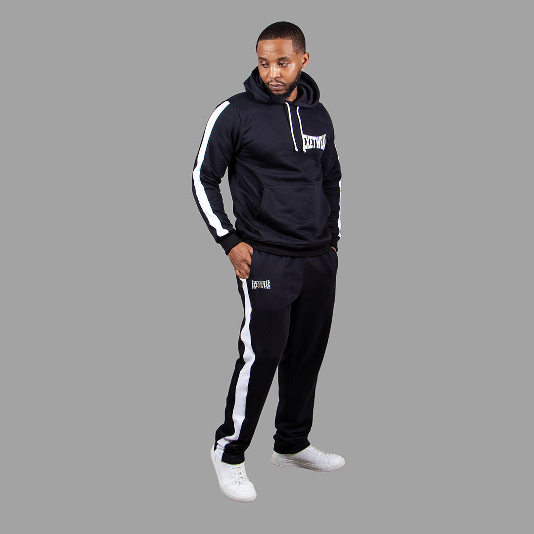 Men Hoodie Set in Black with White Stripes