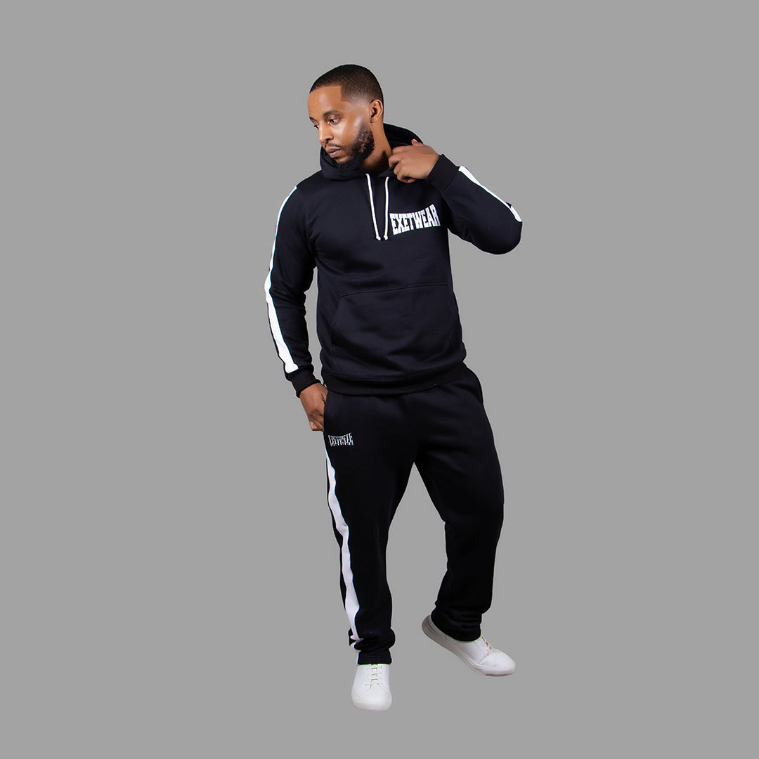 Men Hoodie Set in Black with White Stripes