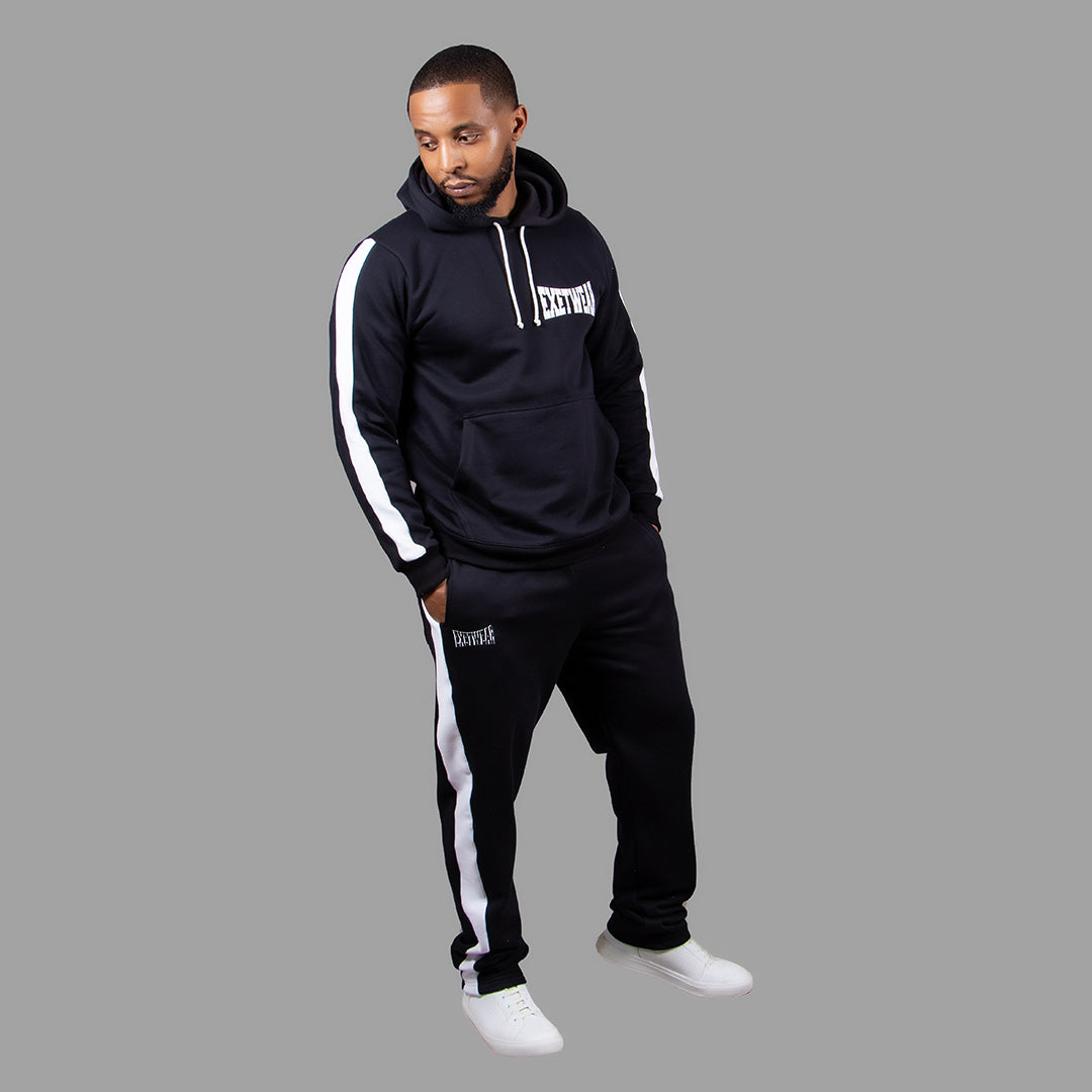 Men Hoodie Set in Black with White Stripes