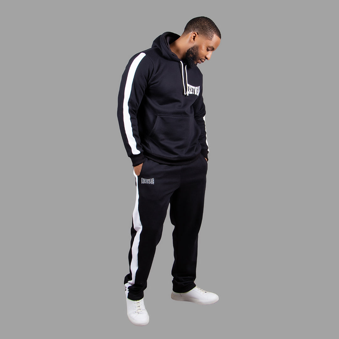 Men Hoodie Set in Black with White Stripes