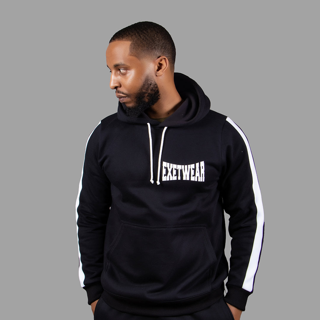 Men Hoodie Set in Black with White Stripes