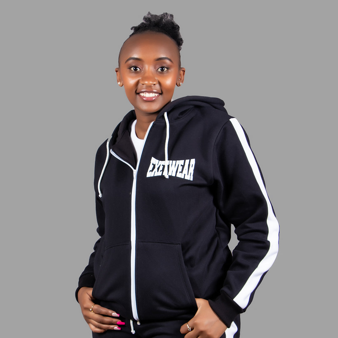 Women Zipper Hoodie (Black/White Stripe)