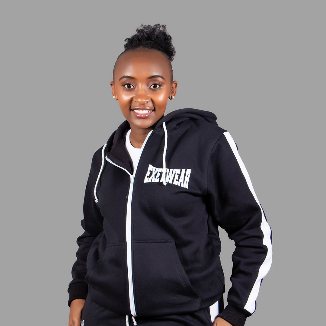 Women Zipper Hoodie (Black/White Stripe)