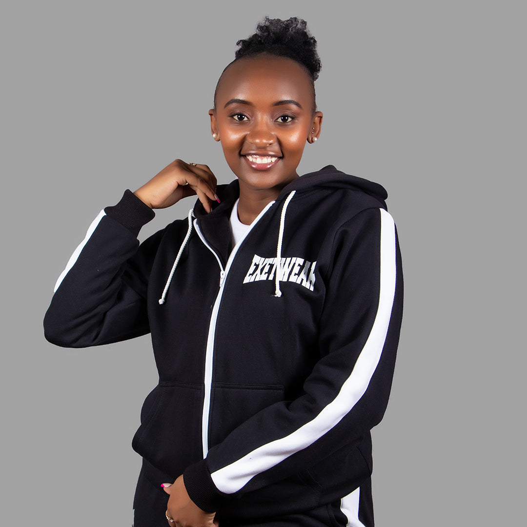 Women Zipper Hoodie (Black/White Stripe)