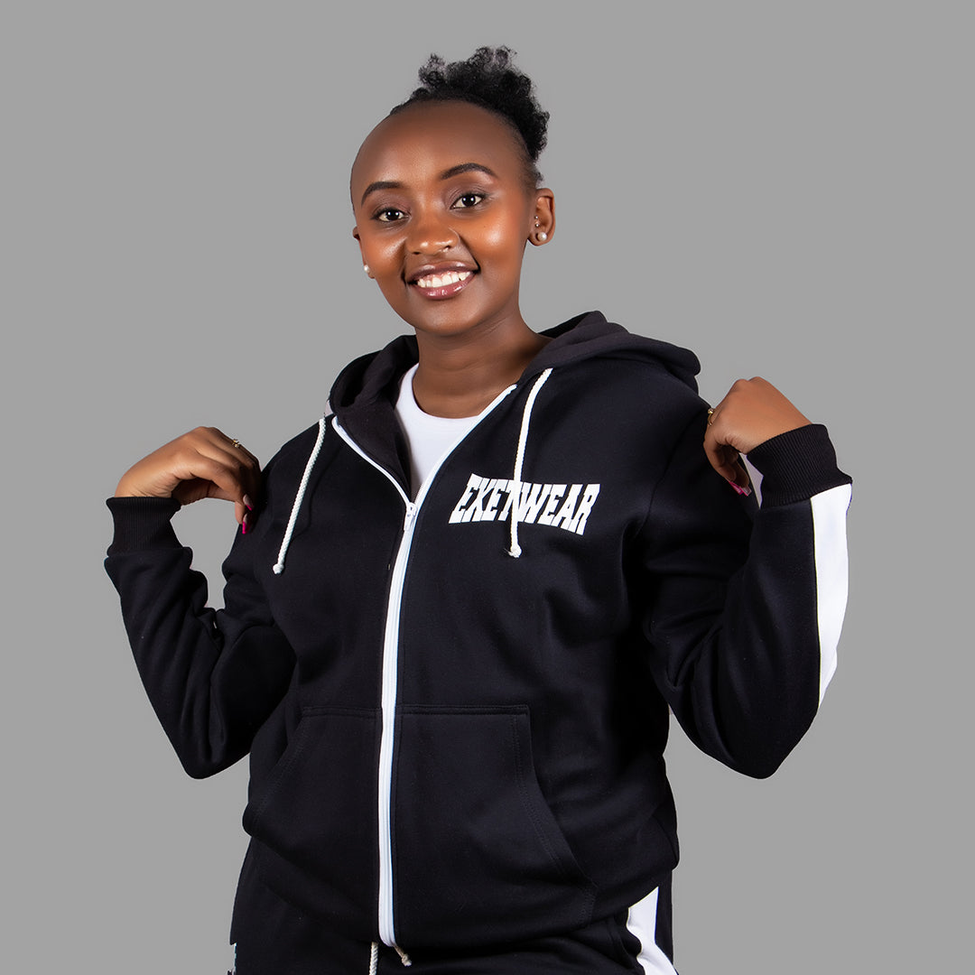 Women Zipper Hoodie (Black/White Stripe)