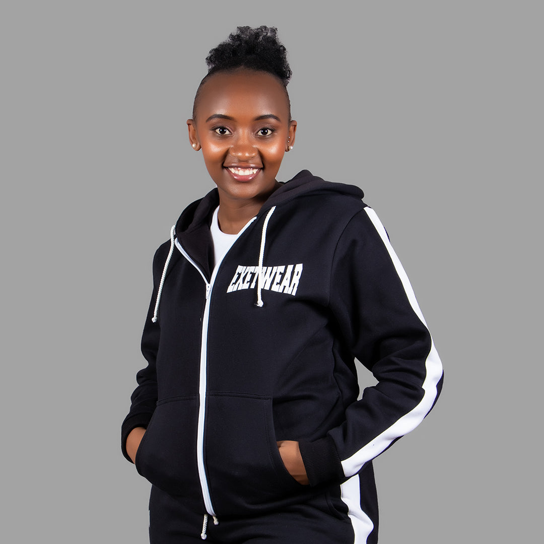 Women's Zipper Hoodie Set in Black with White Stripes