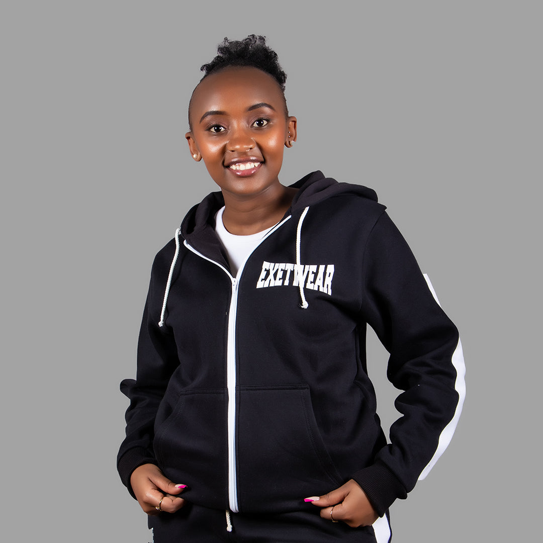 Women Zipper Hoodie (Black/White Stripe)