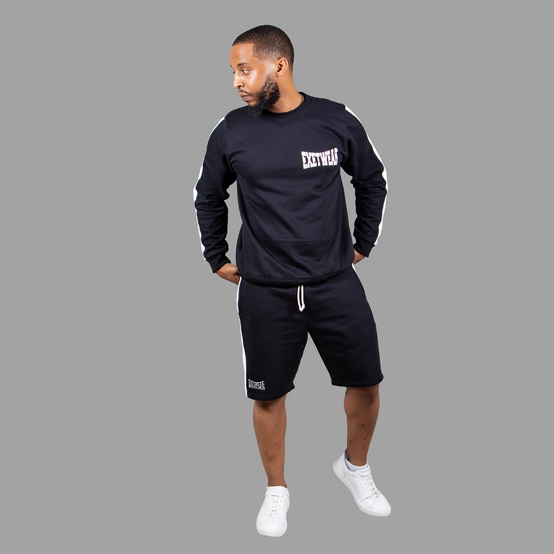 Men's Striped Sweatshirt Short Set (Black)