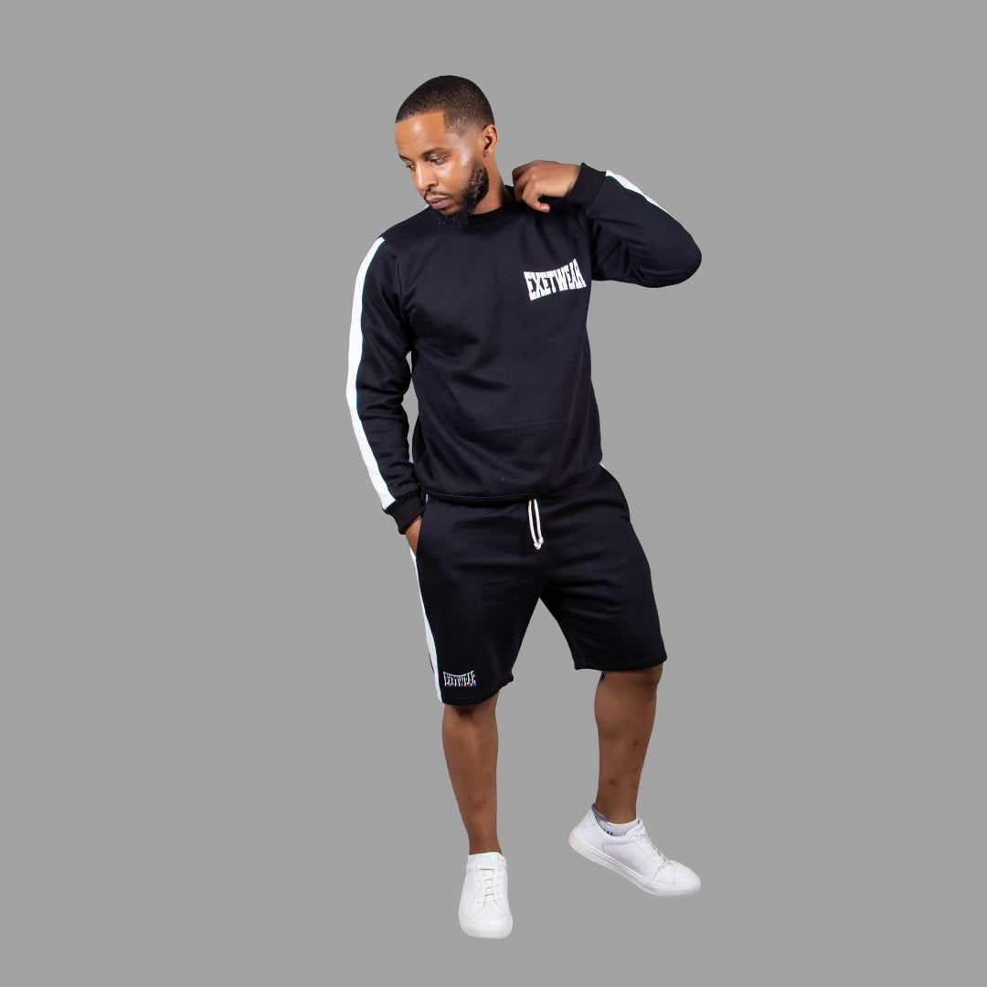 Men's Striped Sweatshirt Short Set (Black)