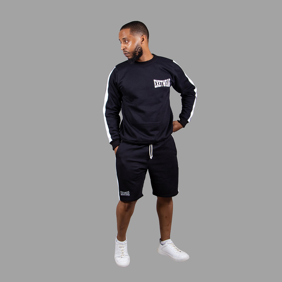 Men's Striped Sweatshirt Short Set (Black)