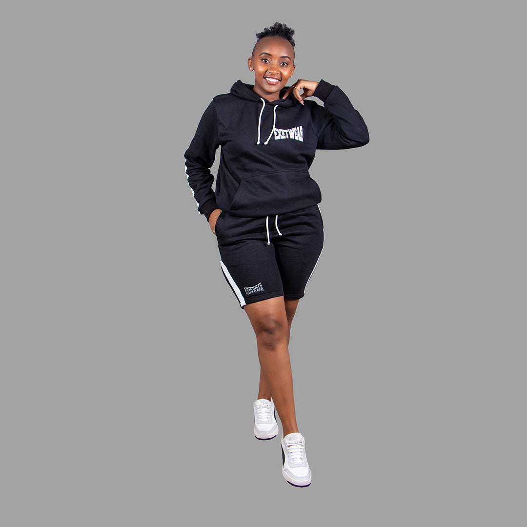 Women's Striped Hoodie Short Set (Black)