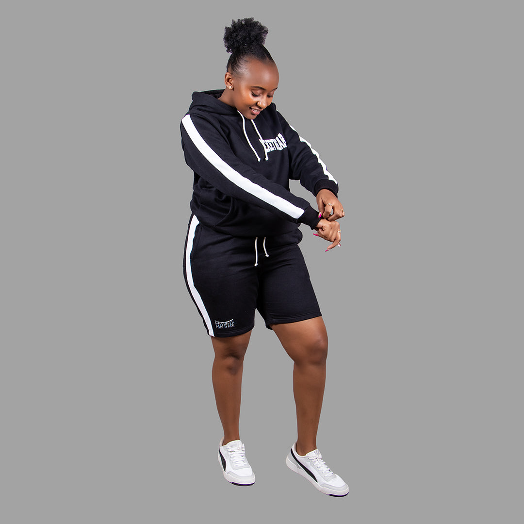 Women's Striped Hoodie Short Set (Black)