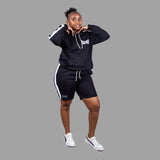 Women's Striped Hoodie Short Set (Black)