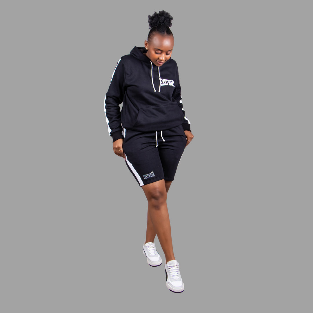 Women's Striped Hoodie Short Set (Black)