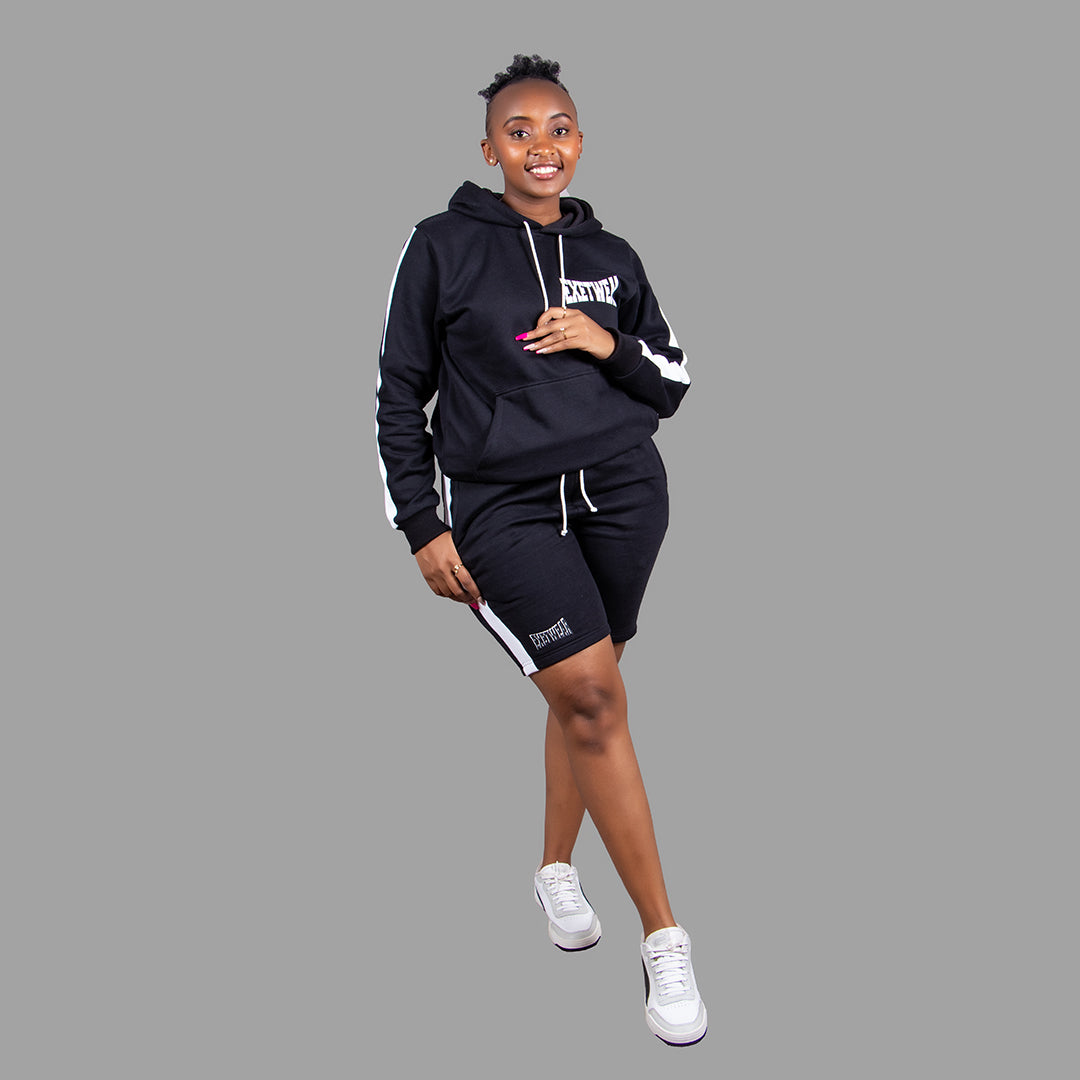 Women's Striped Hoodie Short Set (Black)