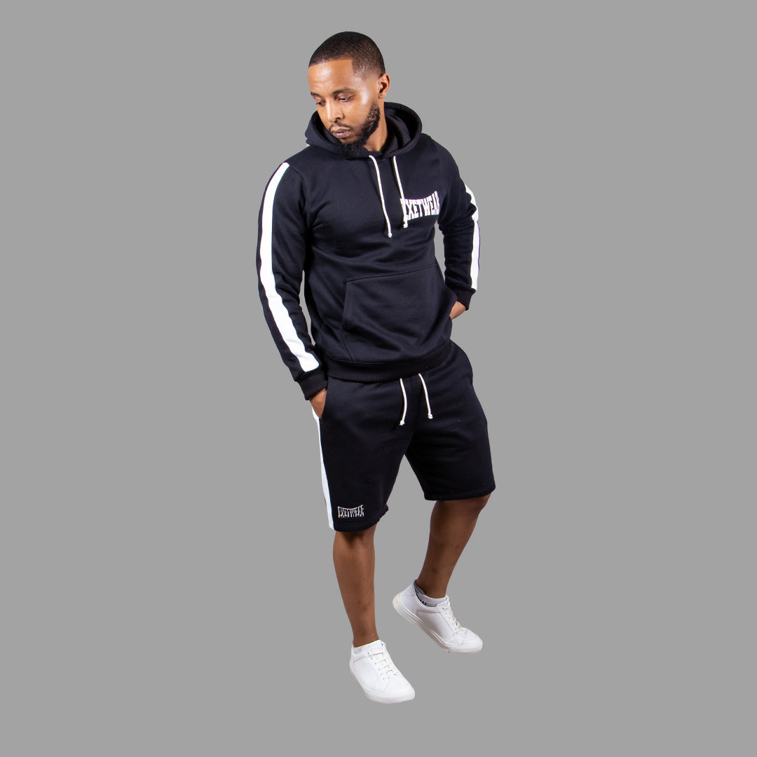 Men's Striped Hoodie Short Set (Black)