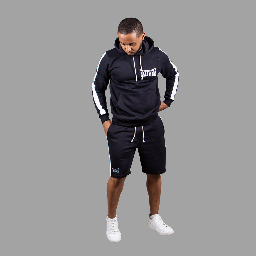 Men's Striped Hoodie Short Set (Black)