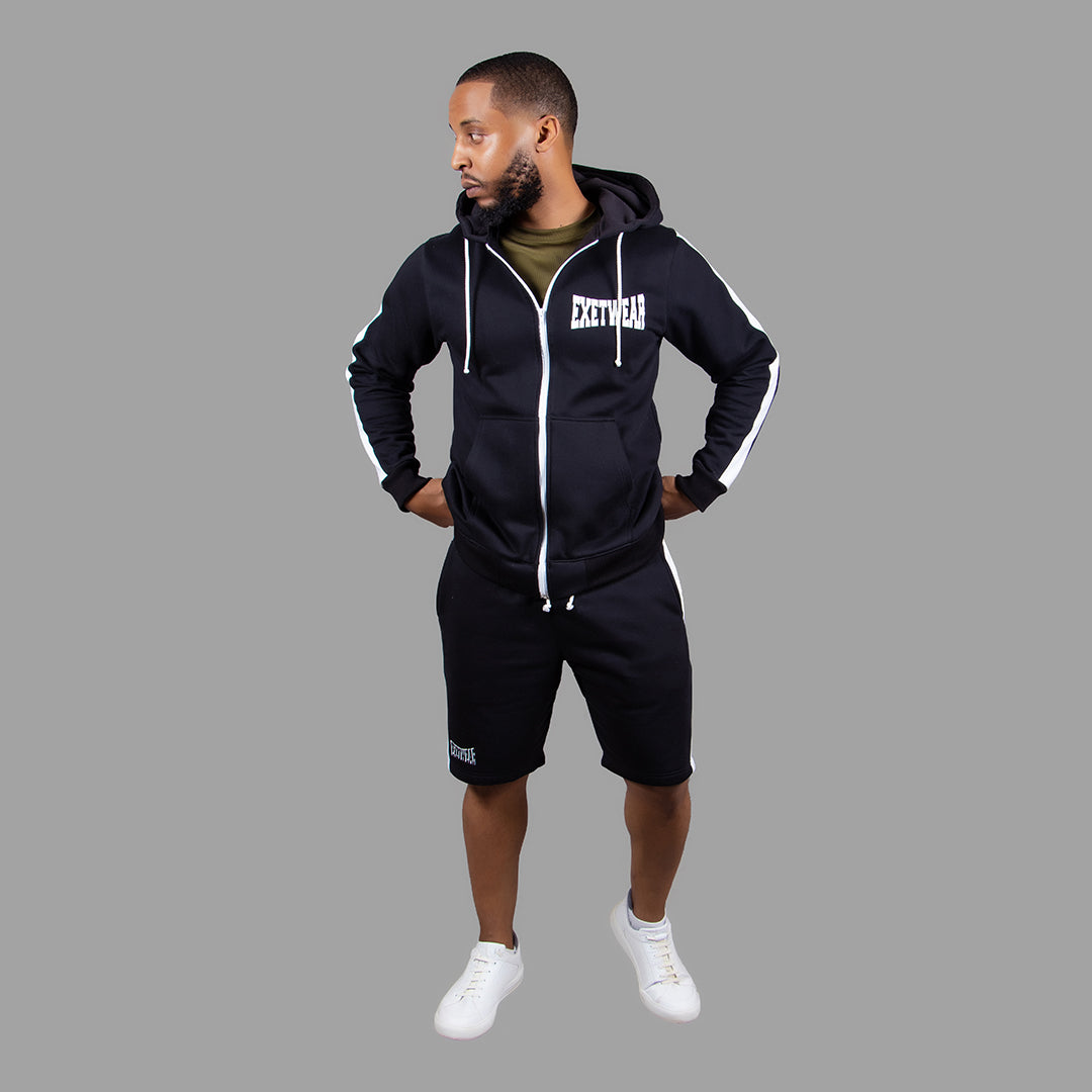 Men's Striped Zipper Hoodie Short Set (Black)