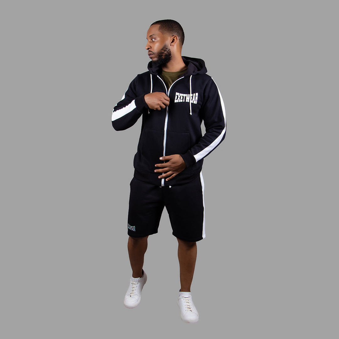 Men's Striped Zipper Hoodie Short Set (Black)