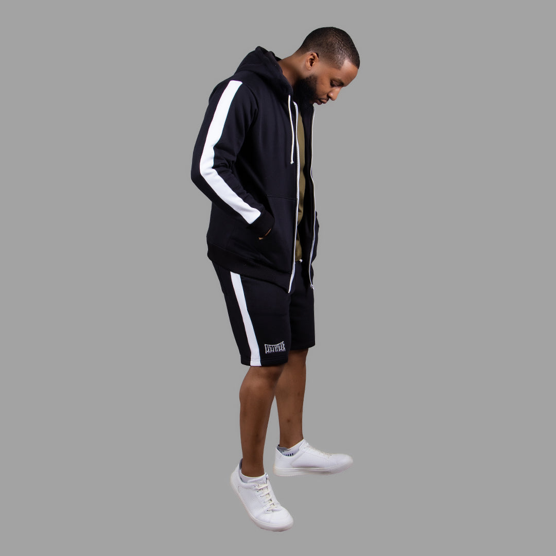 Men's Striped Zipper Hoodie Short Set (Black)