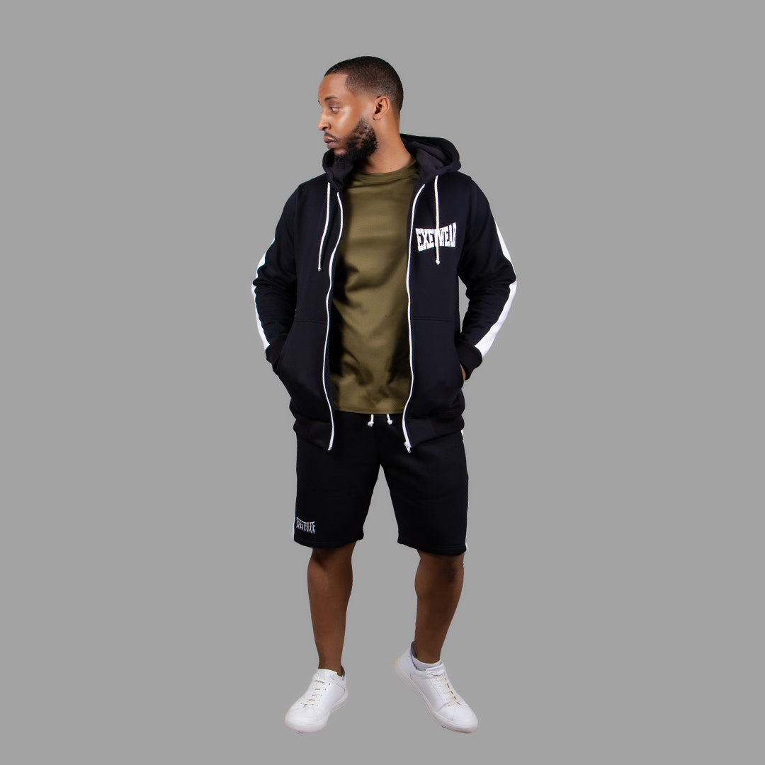 Men's Striped Zipper Hoodie Short Set (Black)