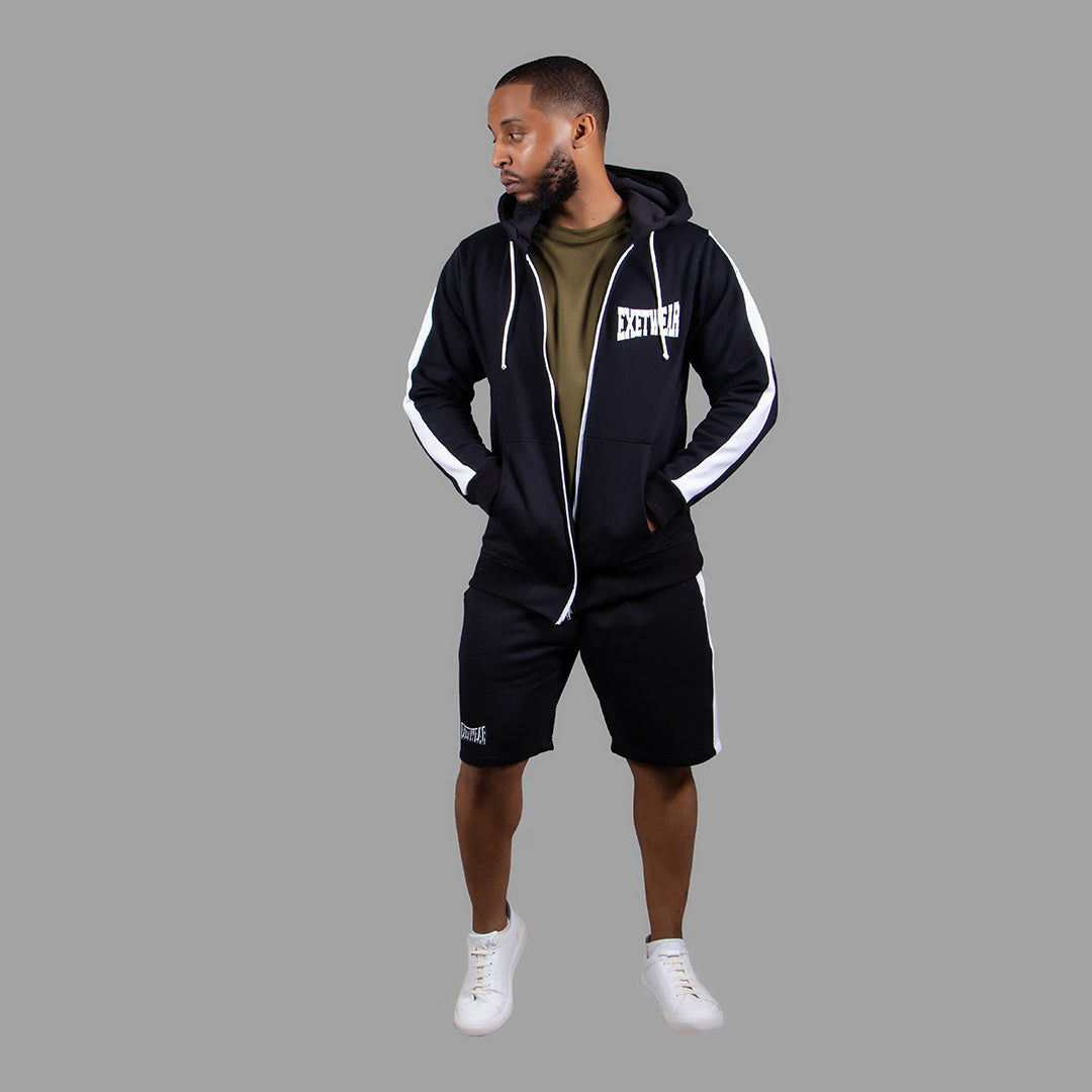 Men's Striped Zipper Hoodie Short Set (Black)