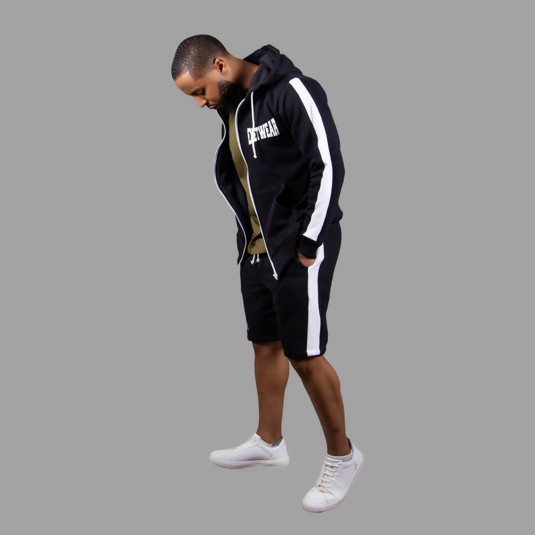 Men's Striped Zipper Hoodie Short Set (Black)