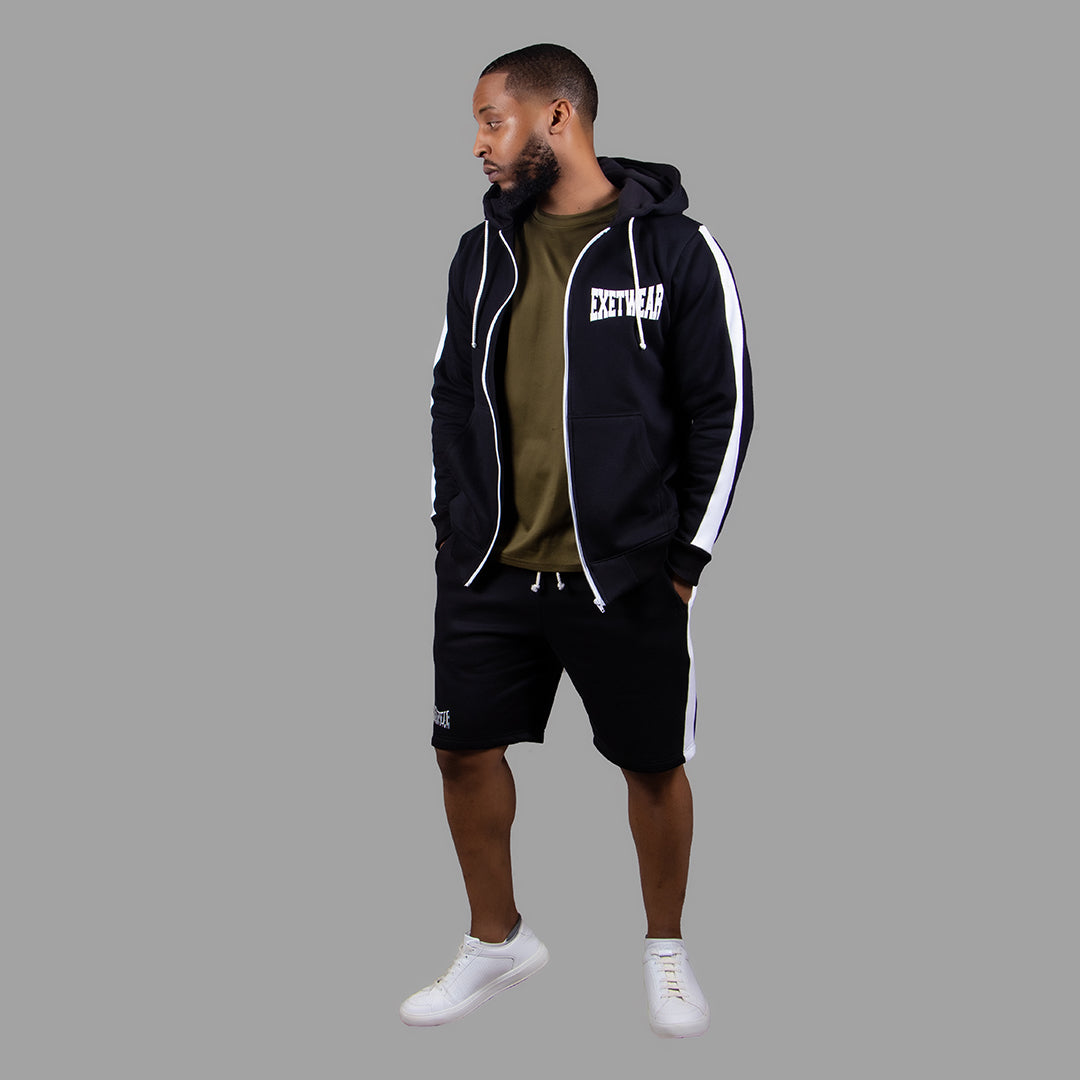 Men's Striped Zipper Hoodie Short Set (Black)