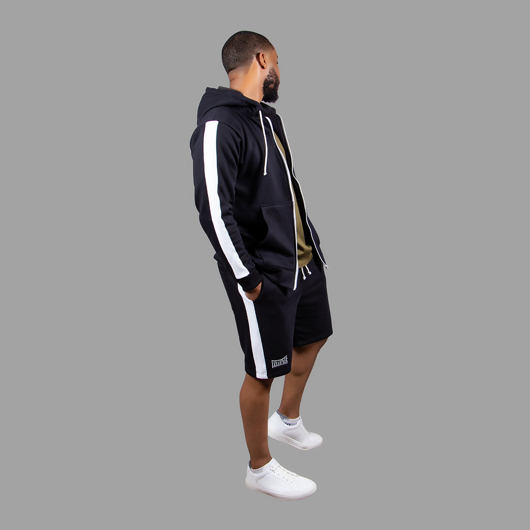 Men's Striped Zipper Hoodie Short Set (Black)