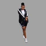 Women's Striped Zipper Hoodie Short Set (Black)